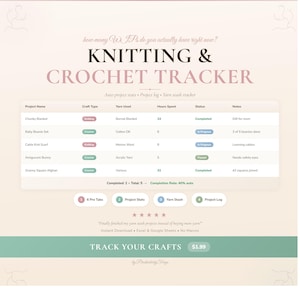 May include: A digital Knitting & Crochet Tracker with a soft pink and green color scheme. The tracker includes sections for project name, craft type, yarn used, hours spent, and status. The text "TRACK YOUR CRAFTS" is displayed at the bottom.