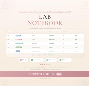 May include: A pink and white digital lab notebook template with the title "LAB NOTEBOOK". The notebook includes sections for experiment logging, data organization, and result tracking. The bottom of the image has the text "DOCUMENT SCIENCE".