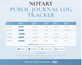 Notary Public Journal Planner Spreadsheet | Professional Tracker Google Sheets Excel Template