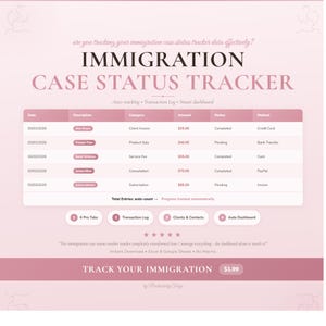 Pode incluir: Um rastreador de status de casos de imigração rosa e branco com o título "Immigration Case Status Tracker". O rastreador inclui uma tabela com colunas para data, descrição, categoria, valor, status e método. O texto "Track Your Immigration" também é visível.