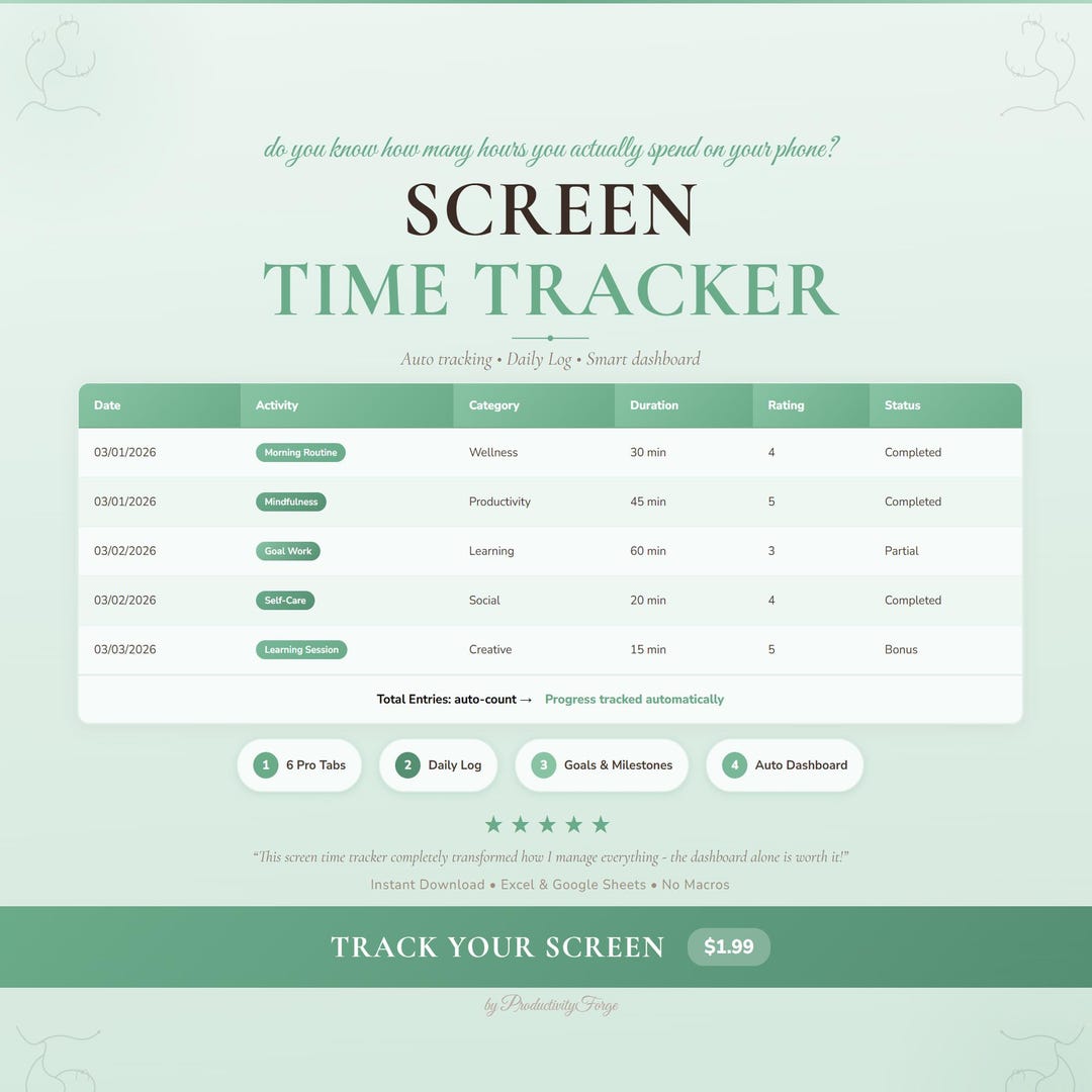 Screen Time Tracker | Google Sheets Excel Spreadsheet Personal ...