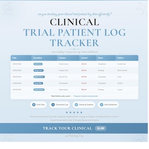 Può includere: Un documento digitale intitolato "CLINICAL TRIAL PATIENT LOG TRACKER" con un design blu e bianco. Presenta una tabella con voci di dati, tra cui date, descrizioni e importi. Il documento include anche testo sul monitoraggio automatico.