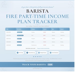 May include: A digital income plan tracker titled "BARISTA FIRE PART-TIME INCOME PLAN TRACKER." The blue and white design includes a table with expense and income tracking, and the text "TRACK YOUR BARISTA" at the bottom.