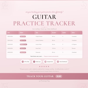 Foglio di calcolo per monitorare gli esercizi di chitarra, Google Sheets, Excel, modello digitale accademico per lo studio.