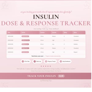 Può includere: Un tracker digitale della dose e della risposta all'insulina in rosa e bianco. Il tracker include sezioni per data, attività, durata, intensità, valutazione e stato. Il testo "Track Your Insulin" è visualizzato in basso.