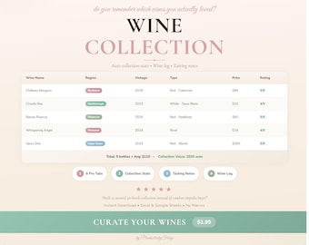Wine Collection Log Spreadsheet: Tasting Notes, Rating Tracker (Excel, Google Sheets)