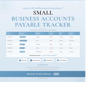 May include: A digital small business accounts payable tracker spreadsheet template with a light blue background. It features a transaction log table with columns for date, description, category, amount, type, and account, plus four navigation tabs.