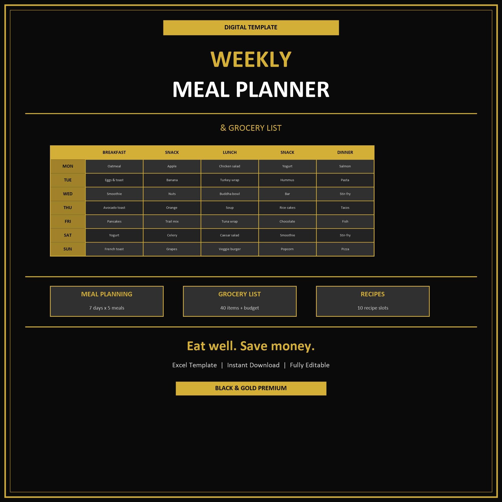 Weekly Meal Planner Excel Template | Black Gold Grocery List, Recipe ...