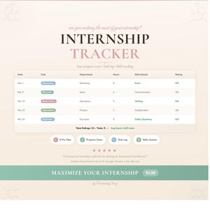 Internship Tracker Spreadsheet: Task Log, Skill Tracking (Excel, Google Sheets)