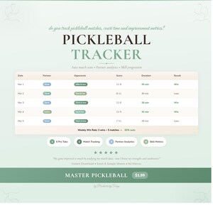 Pickleball Match Tracker Spreadsheet: Log Scores, Drills, DUPR Rating (Excel, Google Sheets)