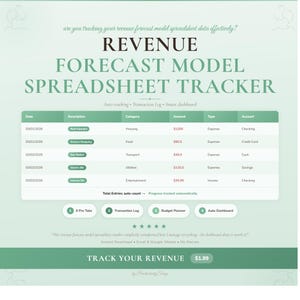 May include: A digital revenue forecast model spreadsheet tracker with a light green background. The layout includes a transaction log table with columns for date, description, category, amount, type, and account. It features four numbered tabs, a five-star rating, and the text: Revenue Forecast Model Spreadsheet Tracker, Track Your Revenue, and Auto tracking, Transaction Log, Smart dashboard.