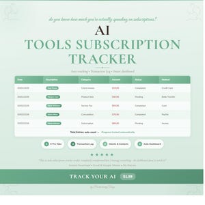 Può includere: Una grafica digitale per un tracker di abbonamenti di strumenti AI. Il design presenta una combinazione di colori verde acqua e bianco con una tabella che mostra i dati di abbonamento, tra cui data, descrizione, categoria, importo, stato e metodo. Il testo recita "TRACK YOUR AI".