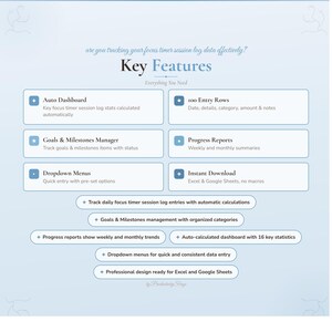 May include: A light blue graphic with the text "Key Features" and bullet points describing the features of a focus timer session log. Features include an auto dashboard, 100 entry rows, goals & milestones manager, and progress reports.