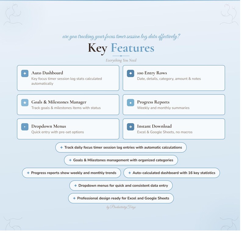 May include: A light blue graphic with the text "Key Features" and bullet points describing the features of a focus timer session log. Features include an auto dashboard, 100 entry rows, goals & milestones manager, and progress reports.