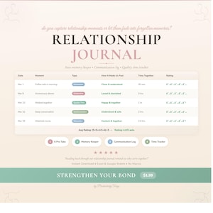 May include: A digital Relationship Journal with a soft pink and green color scheme. The journal includes sections for tracking moments, feelings, and time spent together. Text includes "Relationship Journal" and "Strengthen Your Bond."