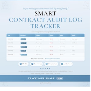 Op de afbeelding: Een digitale tracker getiteld "SMART CONTRACT AUDIT LOG TRACKER" met een blauw en wit ontwerp. De tracker bevat een tabel met gegevensinvoer en de tekst "TRACK YOUR SMART".