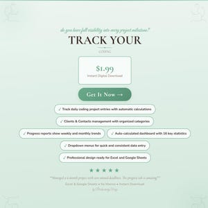 Pu&ograve; includere: Annuncio di download digitale con sfondo verde menta. Il testo "TRACK YOUR CODING" &egrave; visualizzato in modo prominente. L'annuncio include un prezzo di $1,99 e punti elenco che evidenziano le caratteristiche principali.