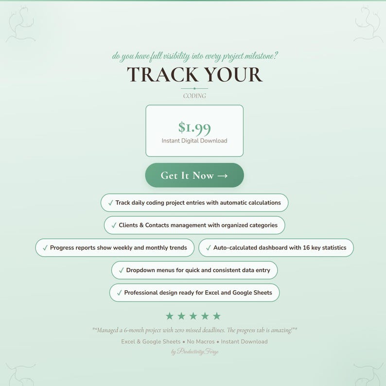 Pu&ograve; includere: Annuncio di download digitale con sfondo verde menta. Il testo "TRACK YOUR CODING" &egrave; visualizzato in modo prominente. L'annuncio include un prezzo di $1,99 e punti elenco che evidenziano le caratteristiche principali.