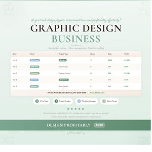 May include: A graphic design business template with a light green and white color scheme. The design includes a table with project details, a weekly profit summary, and the text "DESIGN PROFITABLY".