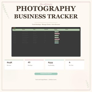 May include: A digital photography business tracker with the text "PHOTOGRAPHY BUSINESS TRACKER". The tracker includes sections for bookings, clients, and revenue. The image also shows revenue, bookings, average booking, and pro tabs.
