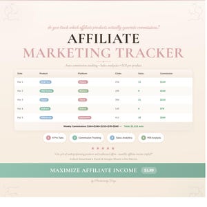 May include: Graphic for an Affiliate Marketing Tracker in pink and green. Text includes "Affiliate Marketing Tracker" and "Maximize Affiliate Income." A table shows product data on clicks, sales, and commissions. The graphic also includes the text "Instant Download Excel & Google Sheets No Macros."