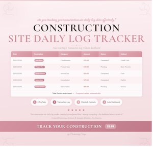 Può includere: Un tracker digitale rosa e bianco per il registro giornaliero del cantiere. Il tracker include sezioni per data, descrizione, categoria, importo, stato e metodo. Il testo "CONSTRUCTION SITE DAILY LOG TRACKER" è ben visibile.