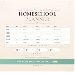 May include: Homeschool Planner with a pink and green design. The planner includes sections for lesson plans, progress tracking, and curriculum tracking. The text reads "Organize Your Homeschool."