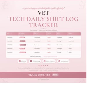 Könnte beinhalten: Ein rosa-weißer digitaler Tracker für tägliche Schichtprotokolle von Tierärzten. Das Design umfasst eine Tabelle mit Datensätzen und den Text "VET TECH DAILY SHIFT LOG TRACKER". Es enthält auch den Text "TRACK YOUR VET".