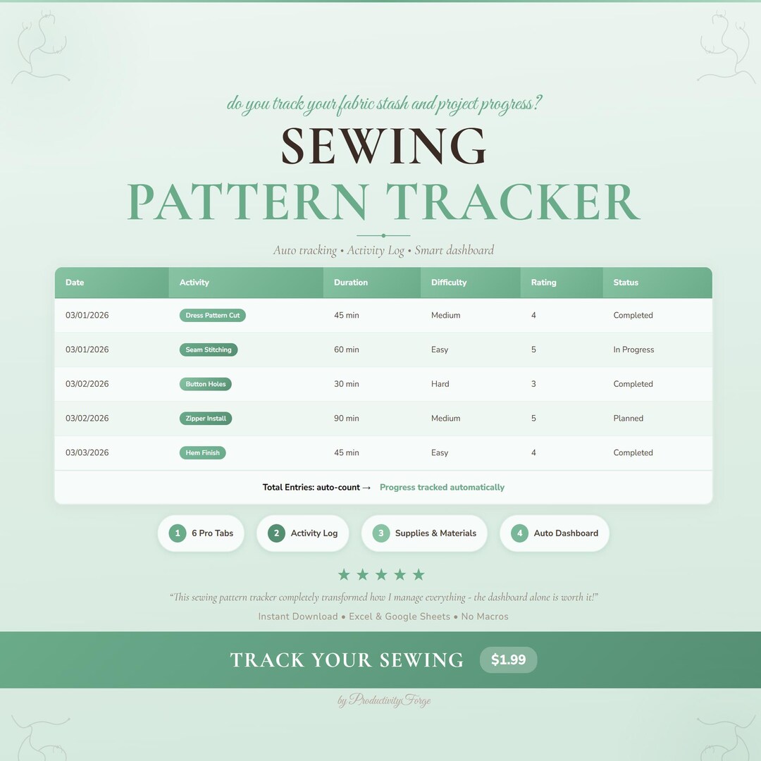 Sewing Pattern Tracker Spreadsheet: Auto Dashboard, Activity Log (excel ...