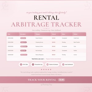 May include: A pink and white digital tracker titled "Rental Arbitrage Tracker." The tracker includes sections for date, description, category, amount, status, and method. The text "Track Your Rental" is at the bottom, along with the price.