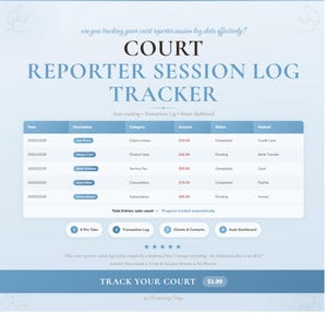 May include: A digital court reporter session log tracker with a blue and white design. The tracker includes sections for date, description, category, amount, status, and method. The text "TRACK YOUR COURT" is displayed.