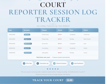 Court Reporter Log Tracker | Professional Spreadsheet Planner Google Sheets Excel Template