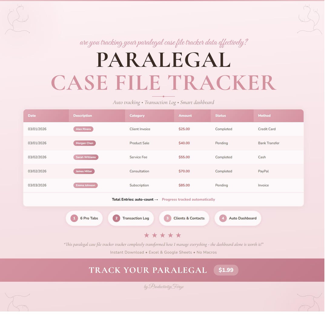 Case Tracker Example Paralegal Case Tracker Spreadsheet Tracker | Professional Planner Excel ...