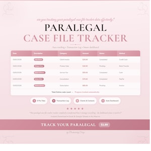 May include: A pink and white digital paralegal case file tracker with a table showing client invoices, product sales, and service fees. The text reads "PARALEGAL CASE FILE TRACKER" and "TRACK YOUR PARALEGAL".