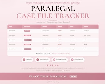 Paralegal Case Tracker Spreadsheet Tracker | Professional Planner Excel Google Sheets Digital Template
