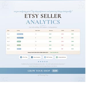 May include: A digital Etsy seller analytics dashboard with a blue and white color scheme. The graphic displays sales data, including units sold, revenue, costs, and profit. Text includes "Etsy Seller Analytics" and "Grow Your Shop".
