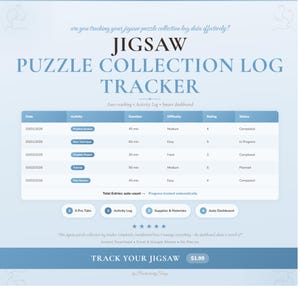 Op de afbeelding: Een digitale spreadsheet-interface voor een Jigsaw Puzzle Collection Log Tracker met een lichtblauwe achtergrond. Het bevat een tabel met kolommen voor datum, activiteit, duur, moeilijkheidsgraad, beoordeling en status, plus vier navigatietabbladen.