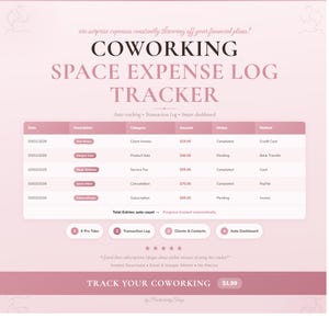 Puede incluir: Un rastreador de gastos digital rosa y blanco para espacios de coworking. La imagen muestra un diseño de hoja de cálculo con columnas para fecha, descripción, categoría, cantidad, estado y método. El texto incluye "COWORKING SPACE EXPENSE LOG TRACKER".