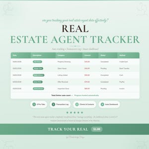 May include: A teal and white real estate agent tracker with the title "REAL ESTATE AGENT TRACKER." The tracker includes sections for date, description, category, amount, status, and method. The text "TRACK YOUR REAL" is also visible.