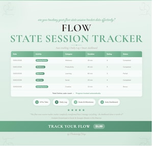 Puede incluir: Un rastreador digital de sesiones de estado de flujo con un diseño verde y blanco. El rastreador incluye secciones para fecha, actividad, categoría, duración, calificación y estado. El texto en la imagen dice "FLOW STATE SESSION TRACKER" y "TRACK YOUR FLOW".