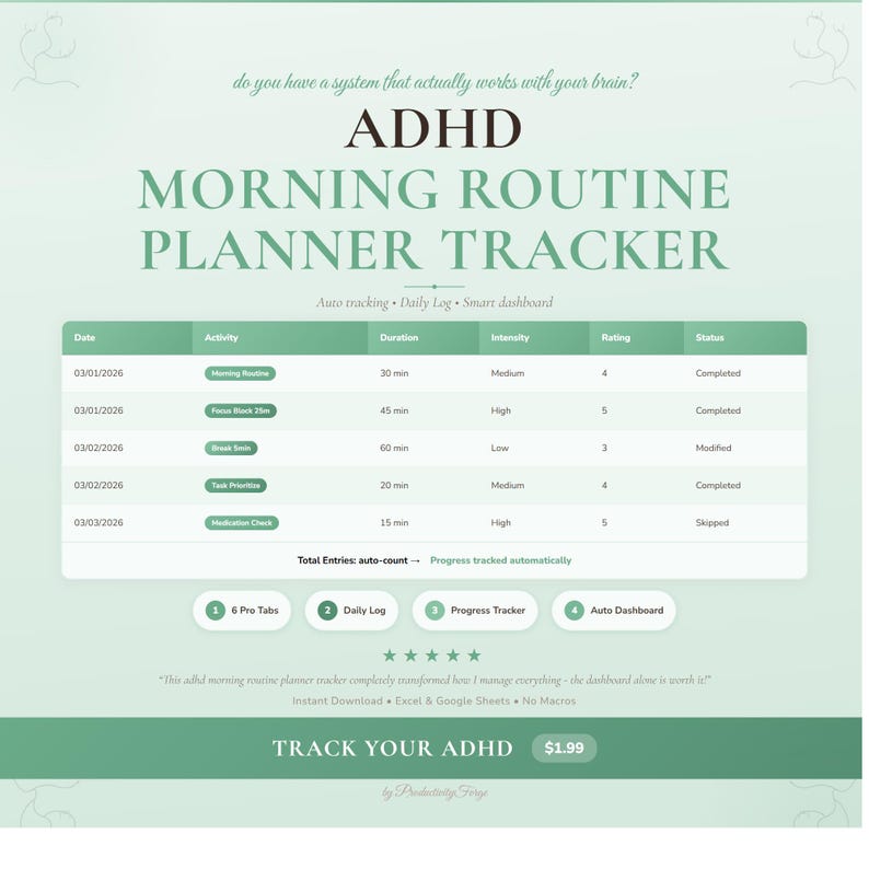 ADHD Morning Routine Planner Tracker | Google Sheets Excel Spreadsheet ...