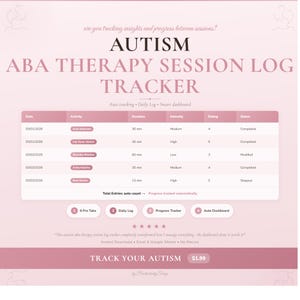 May include: A digital Autism ABA Therapy Session Log Tracker template in shades of pink. The layout includes a data table with columns for date, activity, duration, intensity, rating, and status, plus navigation tabs for daily logs and dashboards.