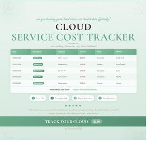 May include: A digital cloud service cost tracker with a teal and white design. The title reads "CLOUD SERVICE COST TRACKER." It includes a table with data entries, and the text "TRACK YOUR CLOUD."