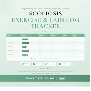 Può includere: Un tracker digitale per esercizi e dolore alla scoliosi. Il design verde e bianco include una tabella per tenere traccia di attività, durata, intensità, valutazione e stato. Il testo recita "Scoliosis Exercise & Pain Log Tracker."