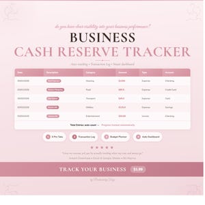 May include: A digital business cash reserve tracker spreadsheet template in shades of pink. The interface features a transaction log table with columns for date, description, category, amount, type, and account, plus four navigation tabs.