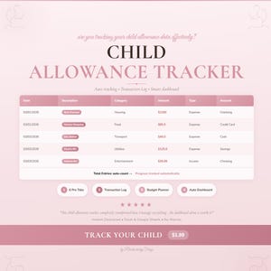 Planificador de asignación por hijo / Plantilla de presupuesto y finanzas en hoja de cálculo de Google Sheets y Excel