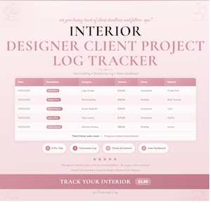 Puede incluir: Un rastreador de registro de proyectos de diseñador de interiores rosa y blanco. El documento incluye una tabla con columnas para fecha, descripción, categoría, cantidad, estado y método. El texto en el documento incluye "Track Your Interior".