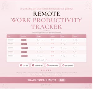 Peut inclure: Graphique rose et blanc pour un suivi de la productivité du travail à distance. Le texte indique « REMOTE WORK PRODUCTIVITY TRACKER » avec un tableau montrant les entrées de données. Comprend le texte « TRACK YOUR REMOTE » et le prix 1,99 €.