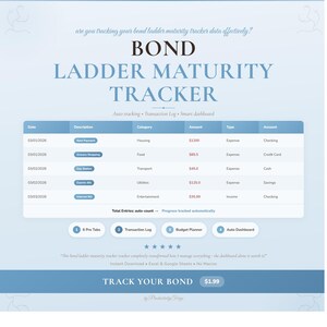 Puede incluir: Un rastreador digital de vencimiento de escalera de bonos con un diseño azul y blanco. El rastreador incluye secciones para fecha, descripción, categoría, cantidad, tipo y cuenta. Se muestra el texto "TRACK YOUR BOND".