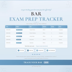 Op de afbeelding: Een digitale examenvoorbereidingstracker met een blauw en wit ontwerp. De tekst luidt "BAR EXAM PREP TRACKER" en bevat een tabel met datums, onderwerpen, onderwerpen en duur. Functies zijn onder meer automatische tracking, studielogboek en een slim dashboard.
